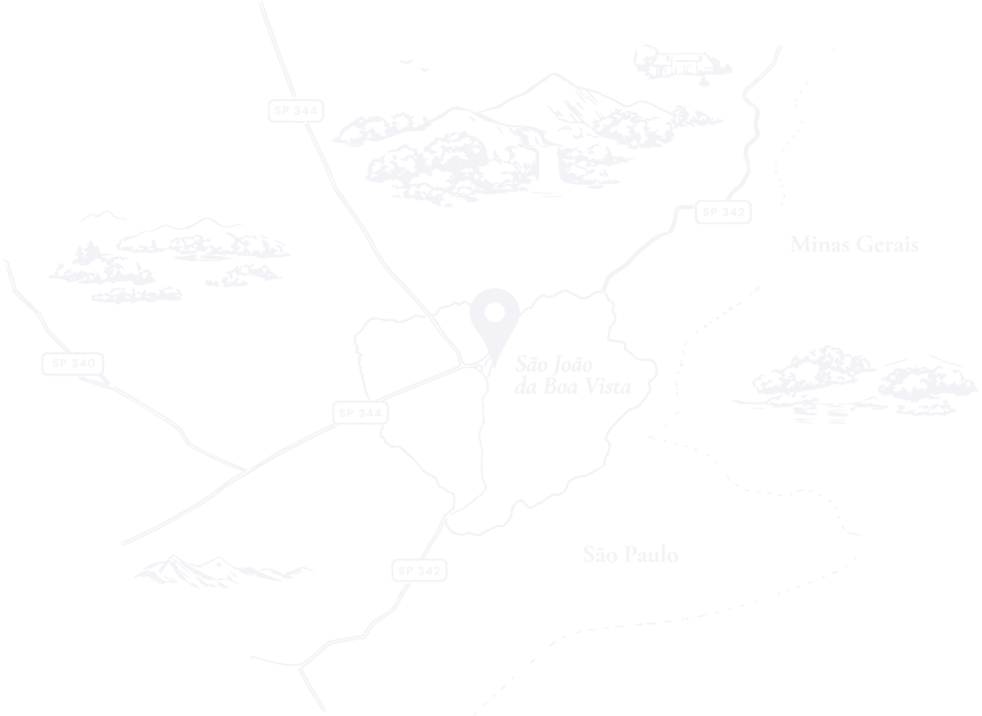 Mapa ilustrado da localização do hotel com foco na cidade de São João da Boa Vista e estradas ao redor como a BR 344 e a BR 342.